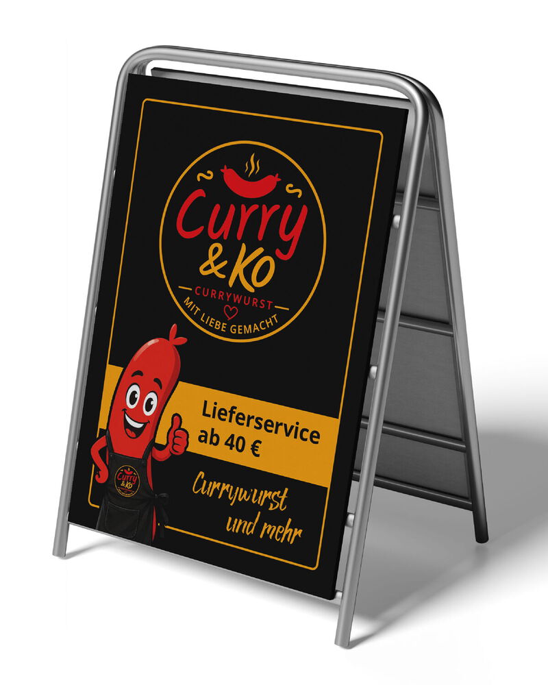 Plakataufsteller mit Plakat Gestaltung und Druck für Currywurst Stand in Dingolfing